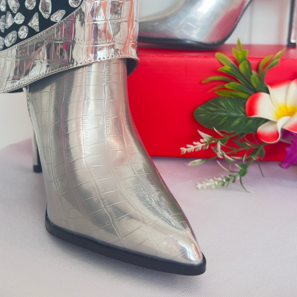 Lauren Lorraine Silver Crystal Rhinestone Western Stiletto Boots Black Suede - Picture 5 of 11